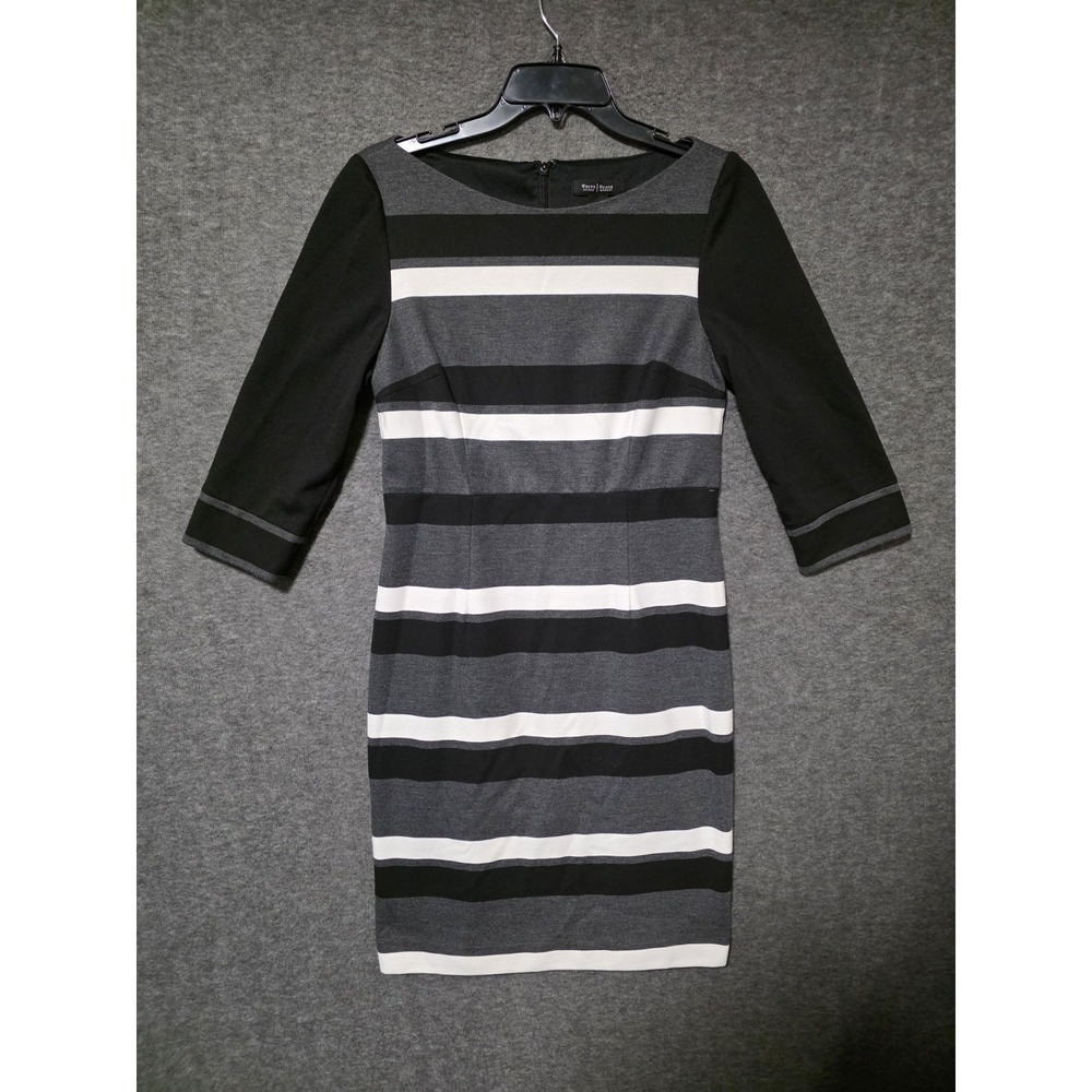 WHBM Black Gray White Striped Sheath Dress 3/4 Sleeves Lined Academia Preppy
